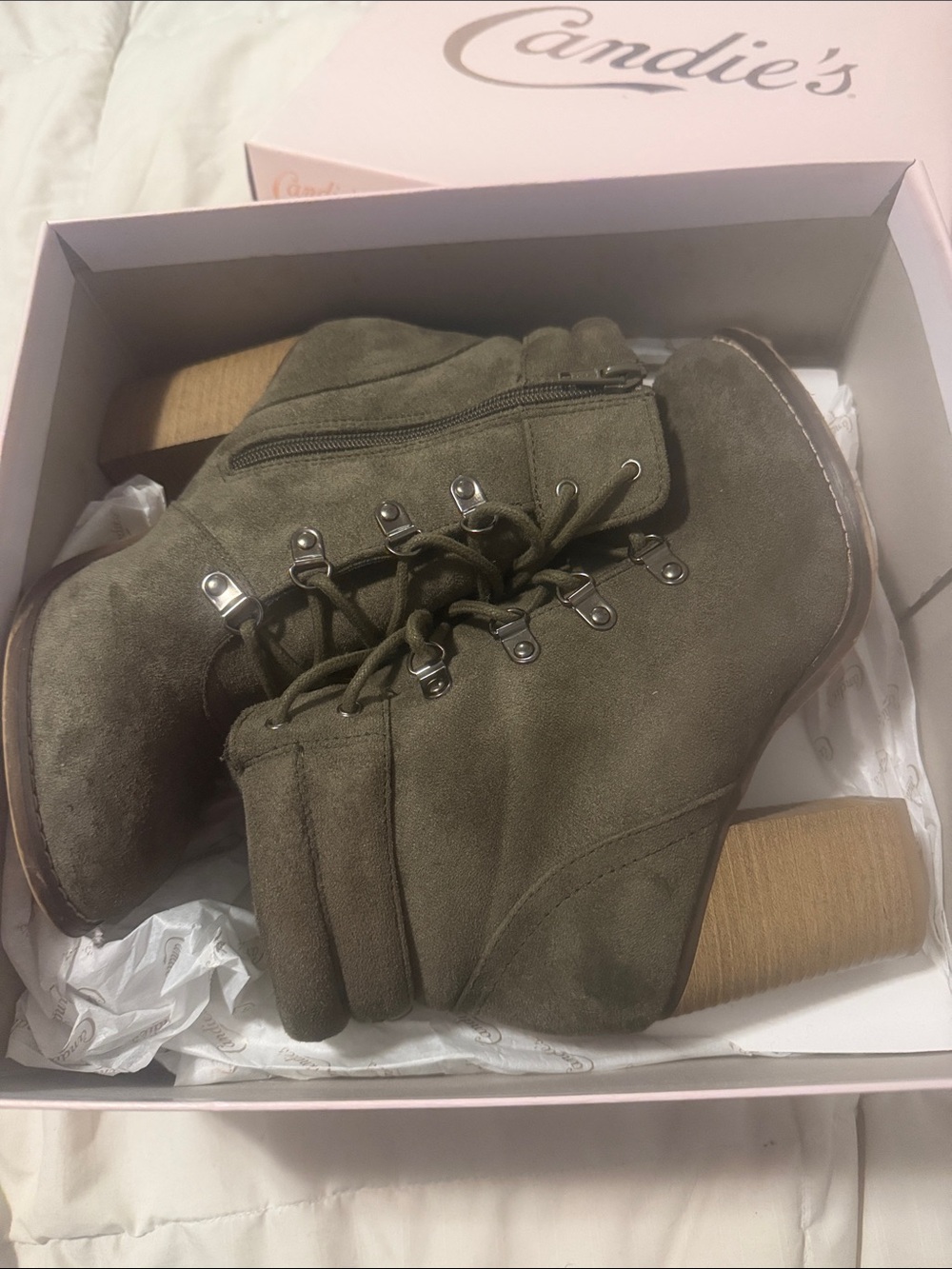 Candie's Olive Lace-Up Block Heel Ankle Boots